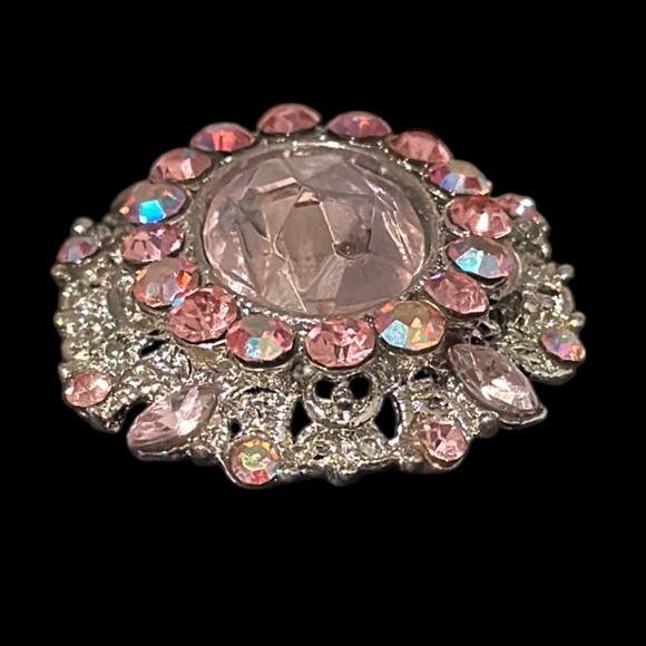Silvertone brooch pin clear and pink rhinestones, glass costume fashion estate - Picture 4 of 10